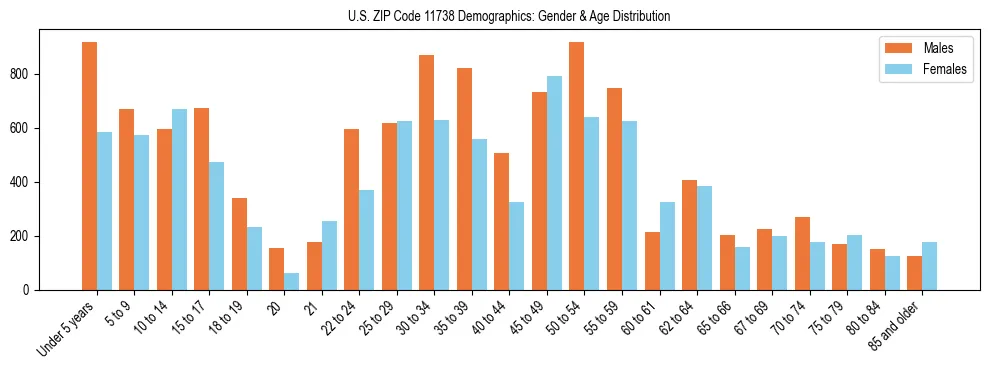 Bar chart showing the population distribution of US ZIP Code 11738 by age group and gender, based on 2023 ACS data.