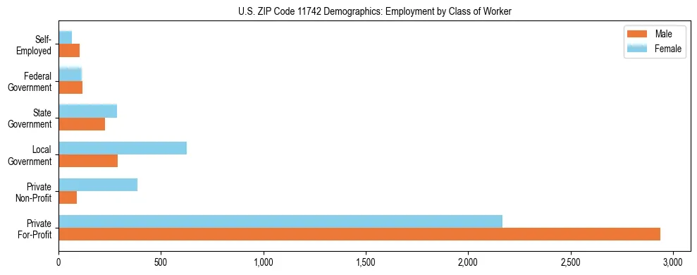 Horizontal bar chart showing employment distribution by class of worker and gender in US ZIP Code 11742, based on 2023 ACS data.