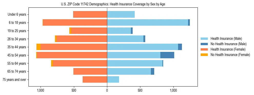Pyramid chart showing health insurance coverage by age and sex in US ZIP Code 11742.