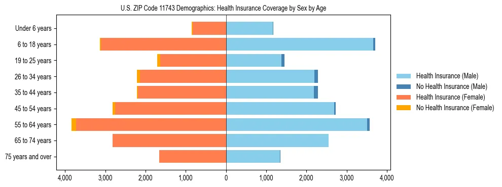 Pyramid chart showing health insurance coverage by age and sex in US ZIP Code 11743.