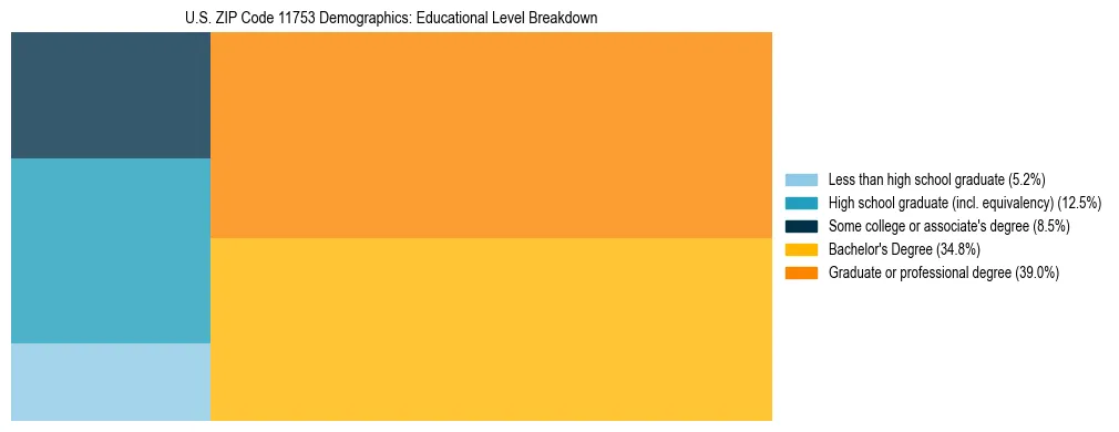 Treemap chart illustrating the educational attainment breakdown for population 25 years and over in US ZIP Code 11753.