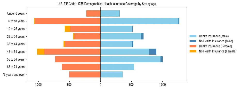 Pyramid chart showing health insurance coverage by age and sex in US ZIP Code 11755.