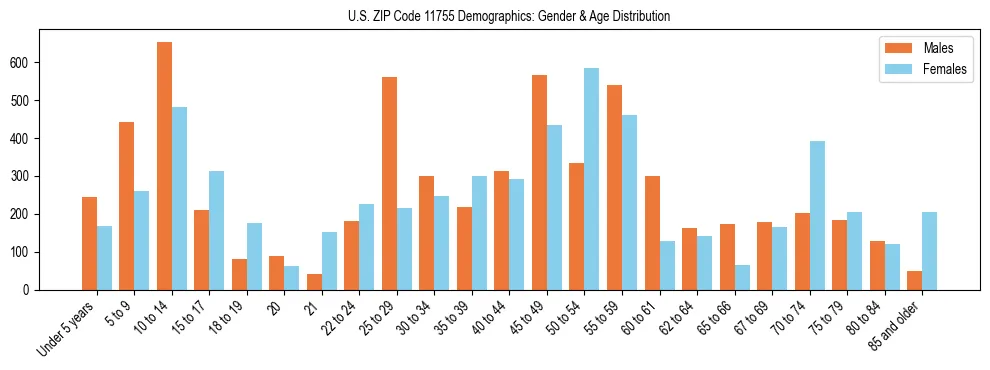 Bar chart showing the population distribution of US ZIP Code 11755 by age group and gender, based on 2023 ACS data.