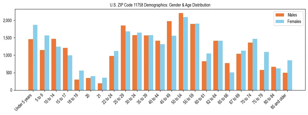 Bar chart showing the population distribution of US ZIP Code 11758 by age group and gender, based on 2023 ACS data.