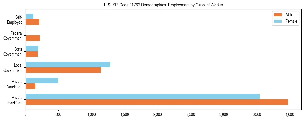 Horizontal bar chart showing employment distribution by class of worker and gender in US ZIP Code 11762, based on 2023 ACS data.