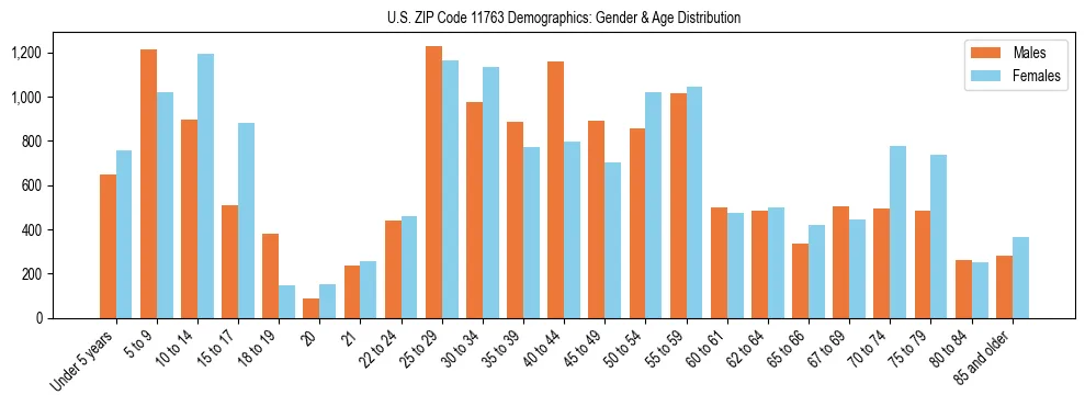 Bar chart showing the population distribution of US ZIP Code 11763 by age group and gender, based on 2023 ACS data.