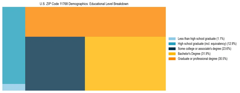 Treemap chart illustrating the educational attainment breakdown for population 25 years and over in US ZIP Code 11768.