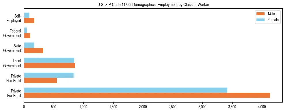 Horizontal bar chart showing employment distribution by class of worker and gender in US ZIP Code 11783, based on 2023 ACS data.