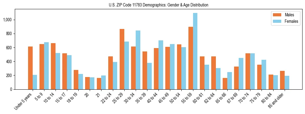 Bar chart showing the population distribution of US ZIP Code 11783 by age group and gender, based on 2023 ACS data.