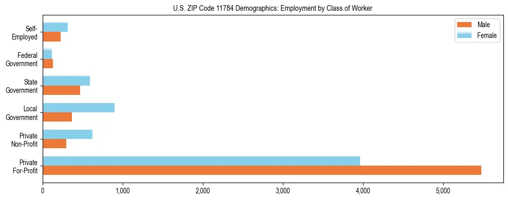 Horizontal bar chart showing employment distribution by class of worker and gender in US ZIP Code 11784, based on 2023 ACS data.