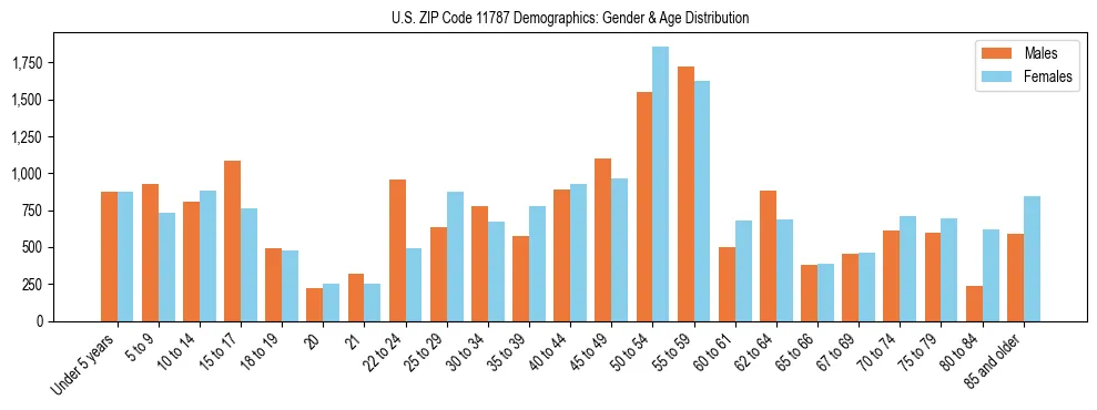 Bar chart showing the population distribution of US ZIP Code 11787 by age group and gender, based on 2023 ACS data.