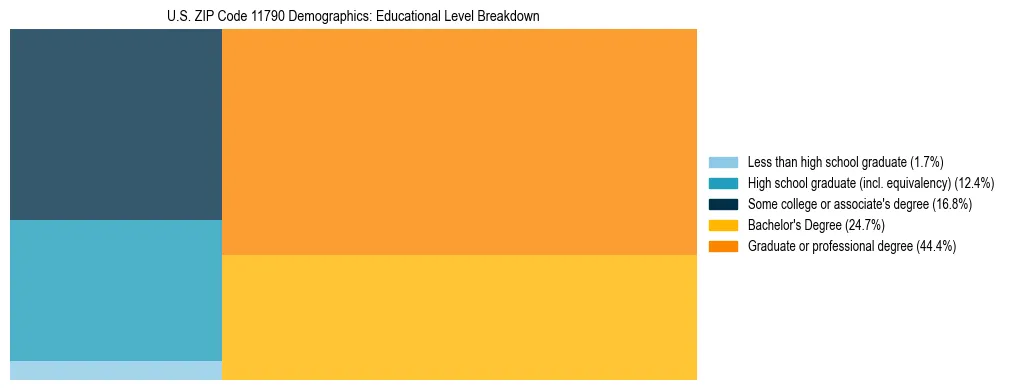 Treemap chart illustrating the educational attainment breakdown for population 25 years and over in US ZIP Code 11790.