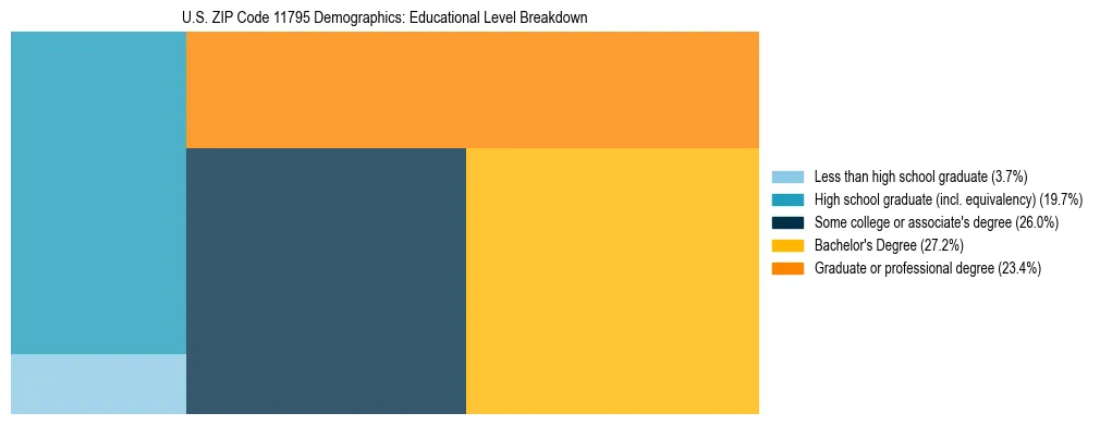 Treemap chart illustrating the educational attainment breakdown for population 25 years and over in US ZIP Code 11795.