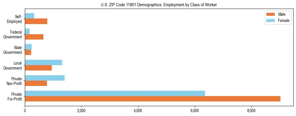 Horizontal bar chart showing employment distribution by class of worker and gender in US ZIP Code 11801, based on 2023 ACS data.