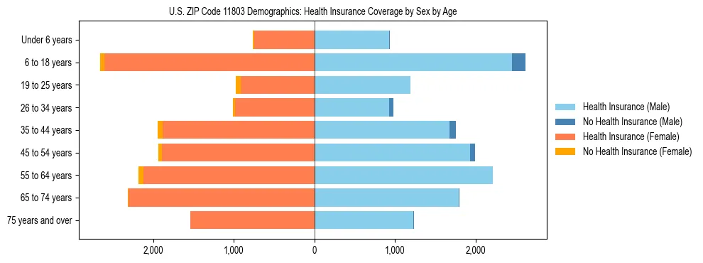 Pyramid chart showing health insurance coverage by age and sex in US ZIP Code 11803.