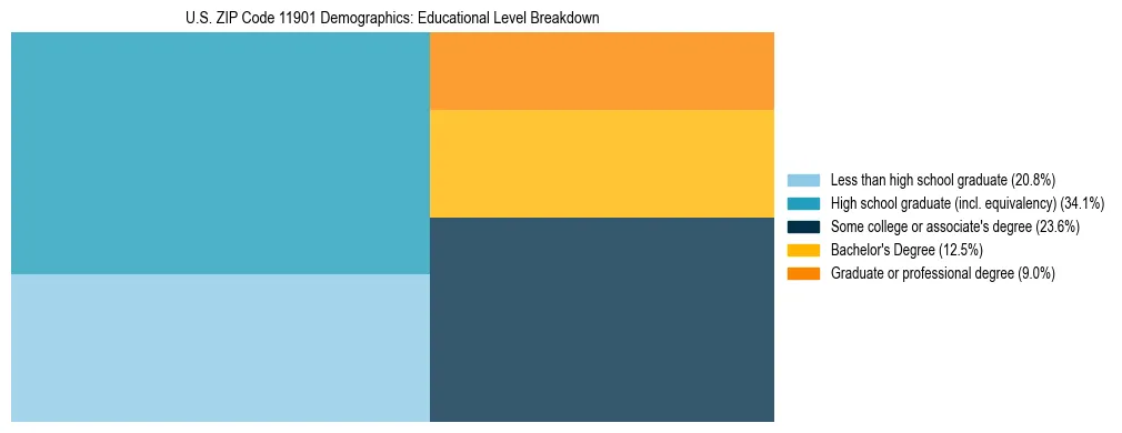 Treemap chart illustrating the educational attainment breakdown for population 25 years and over in US ZIP Code 11901.