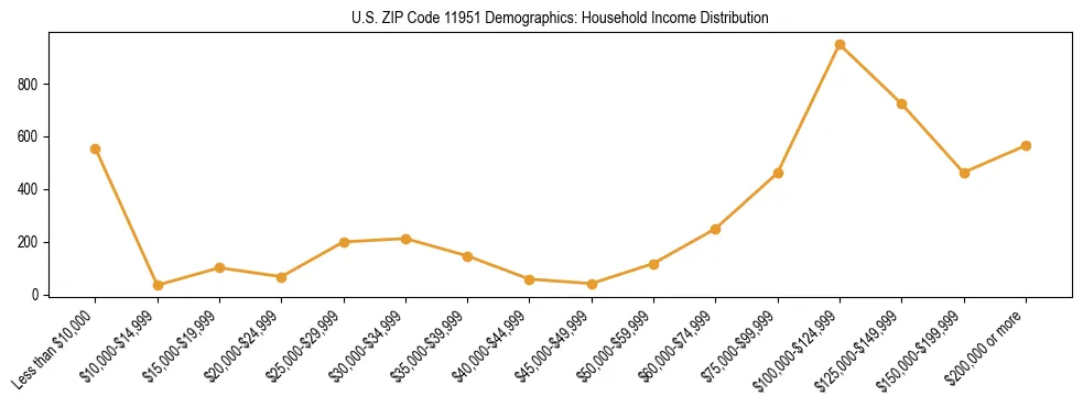 Horizontal bar chart showing household income distribution in US ZIP Code 11951.