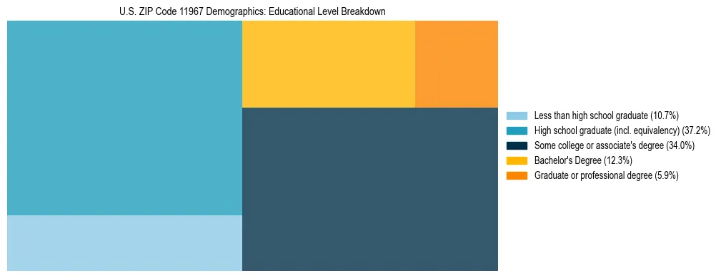 Treemap chart illustrating the educational attainment breakdown for population 25 years and over in US ZIP Code 11967.
