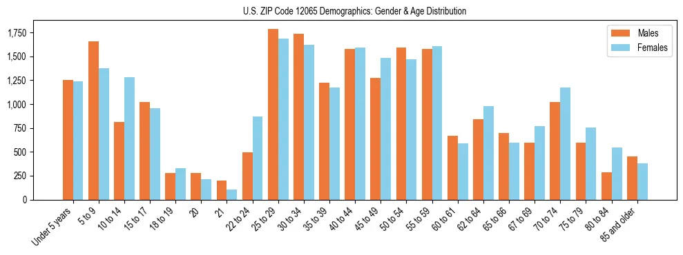 Bar chart showing the population distribution of US ZIP Code 12065 by age group and gender, based on 2023 ACS data.