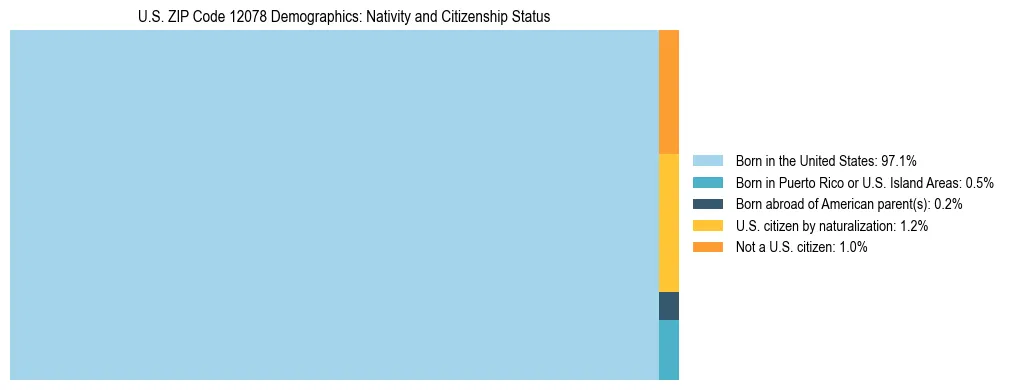 Treemap showing the population distribution by nativity and citizenship status in US ZIP Code 12078 based on U.S. Census data.