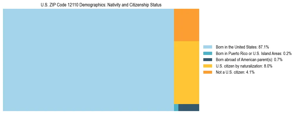 Treemap showing the population distribution by nativity and citizenship status in US ZIP Code 12110 based on U.S. Census data.
