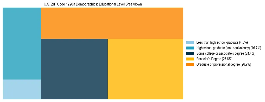 Treemap chart illustrating the educational attainment breakdown for population 25 years and over in US ZIP Code 12203.