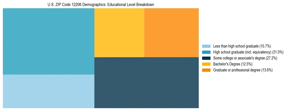 Treemap chart illustrating the educational attainment breakdown for population 25 years and over in US ZIP Code 12206.