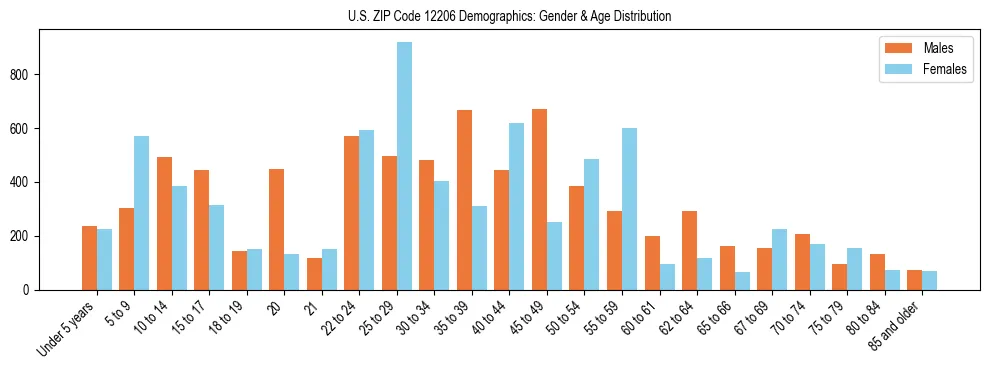 Bar chart showing the population distribution of US ZIP Code 12206 by age group and gender, based on 2023 ACS data.
