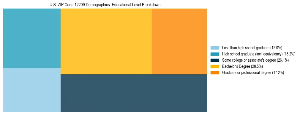 Treemap chart illustrating the educational attainment breakdown for population 25 years and over in US ZIP Code 12209.