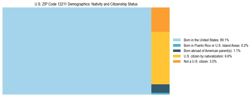 Treemap showing the population distribution by nativity and citizenship status in US ZIP Code 12211 based on U.S. Census data.