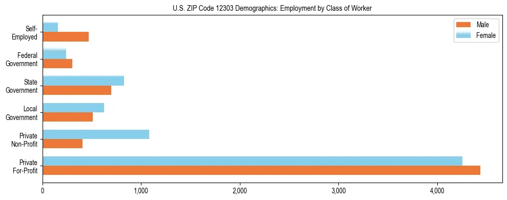 Horizontal bar chart showing employment distribution by class of worker and gender in US ZIP Code 12303, based on 2023 ACS data.
