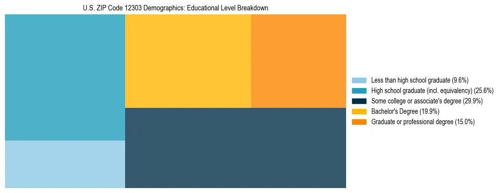 Treemap chart illustrating the educational attainment breakdown for population 25 years and over in US ZIP Code 12303.