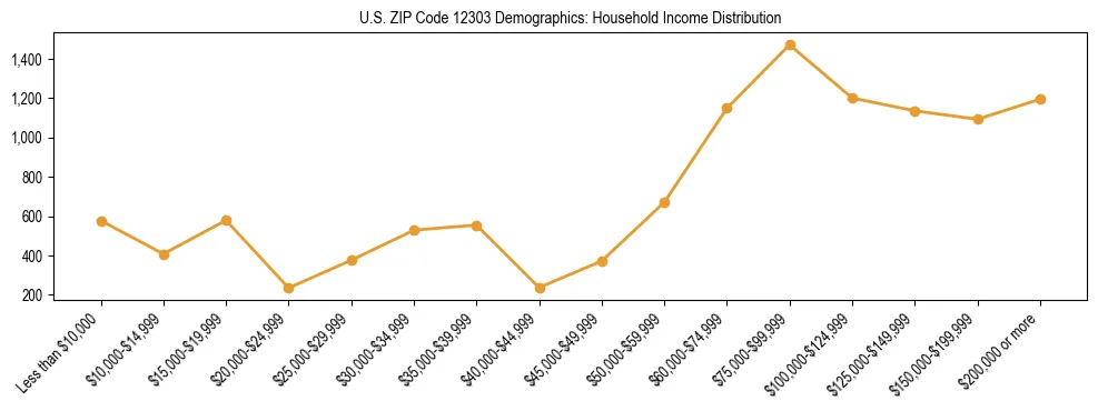 Horizontal bar chart showing household income distribution in US ZIP Code 12303.