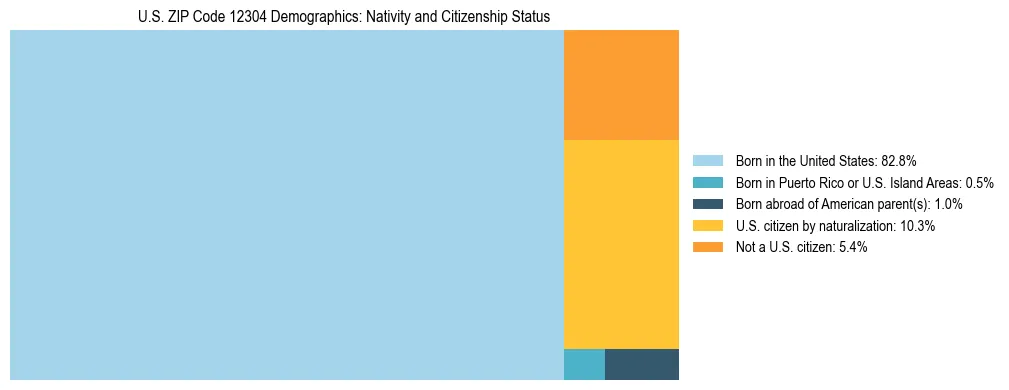 Treemap showing the population distribution by nativity and citizenship status in US ZIP Code 12304 based on U.S. Census data.