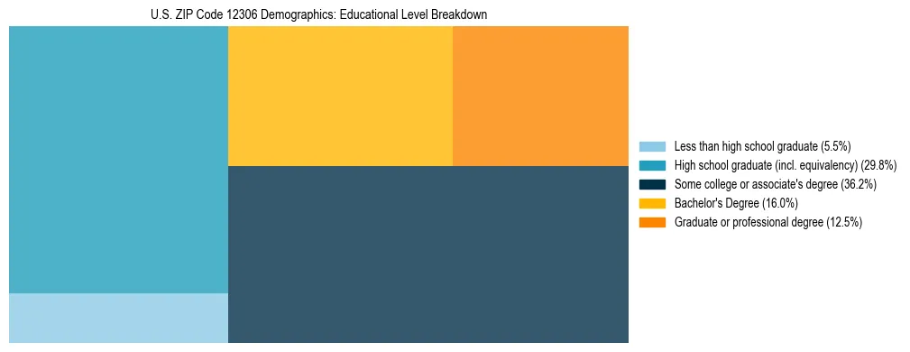 Treemap chart illustrating the educational attainment breakdown for population 25 years and over in US ZIP Code 12306.