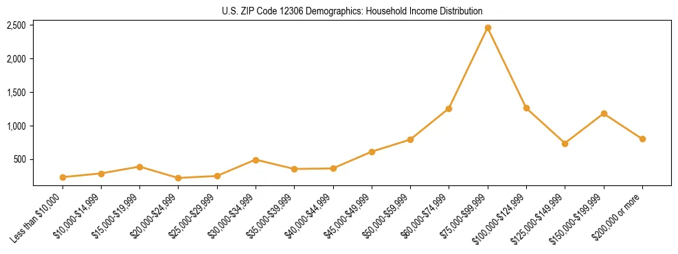 Horizontal bar chart showing household income distribution in US ZIP Code 12306.