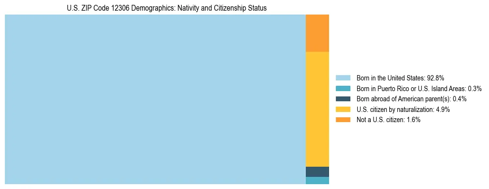 Treemap showing the population distribution by nativity and citizenship status in US ZIP Code 12306 based on U.S. Census data.