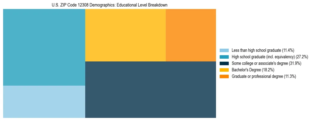 Treemap chart illustrating the educational attainment breakdown for population 25 years and over in US ZIP Code 12308.