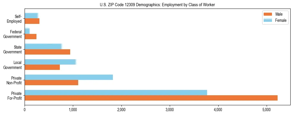 Horizontal bar chart showing employment distribution by class of worker and gender in US ZIP Code 12309, based on 2023 ACS data.