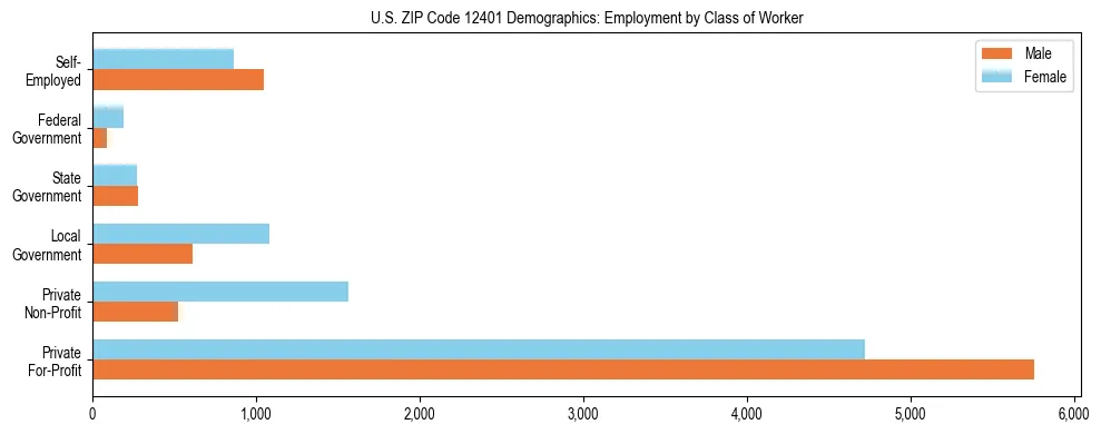 Horizontal bar chart showing employment distribution by class of worker and gender in US ZIP Code 12401, based on 2023 ACS data.