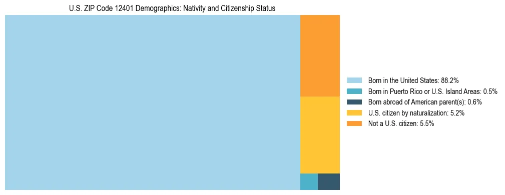 Treemap showing the population distribution by nativity and citizenship status in US ZIP Code 12401 based on U.S. Census data.