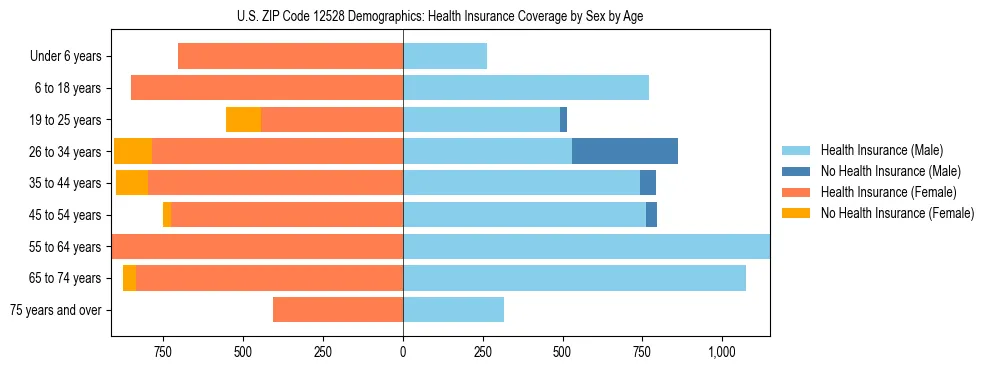 Pyramid chart showing health insurance coverage by age and sex in US ZIP Code 12528.