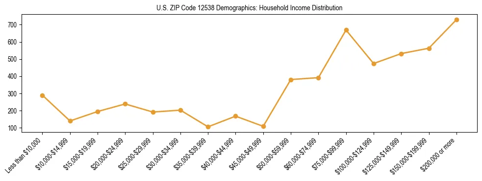 Horizontal bar chart showing household income distribution in US ZIP Code 12538.