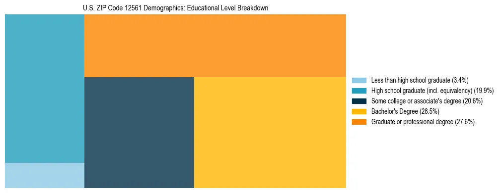 Treemap chart illustrating the educational attainment breakdown for population 25 years and over in US ZIP Code 12561.