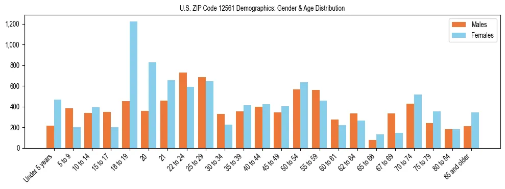 Bar chart showing the population distribution of US ZIP Code 12561 by age group and gender, based on 2023 ACS data.