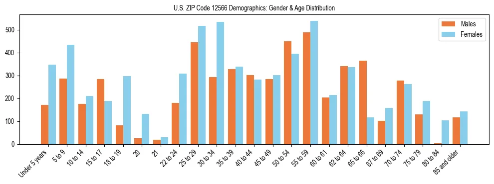 Bar chart showing the population distribution of US ZIP Code 12566 by age group and gender, based on 2023 ACS data.