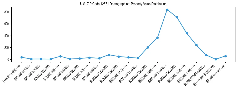 Line chart showing the distribution of property values for owner-occupied housing units in US ZIP Code 12571.
