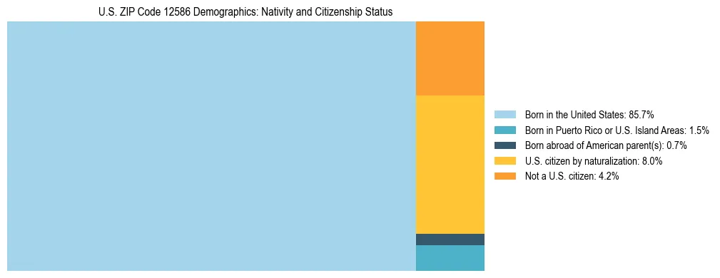 Treemap showing the population distribution by nativity and citizenship status in US ZIP Code 12586 based on U.S. Census data.