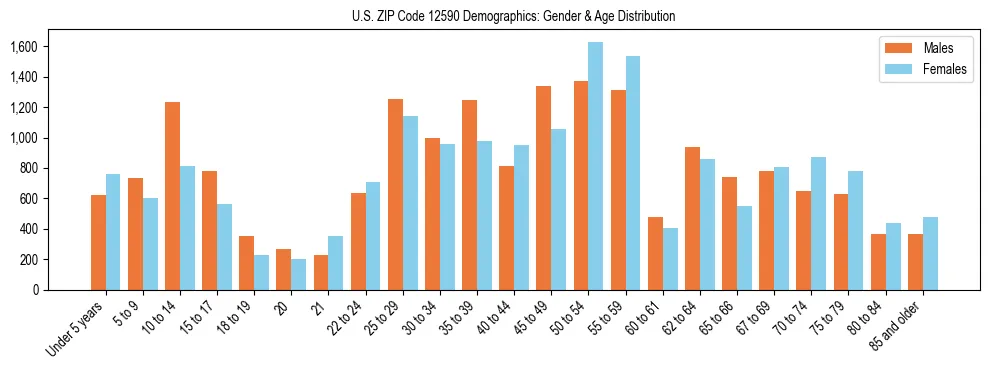 Bar chart showing the population distribution of US ZIP Code 12590 by age group and gender, based on 2023 ACS data.