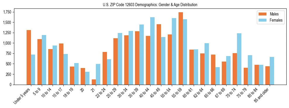 Bar chart showing the population distribution of US ZIP Code 12603 by age group and gender, based on 2023 ACS data.